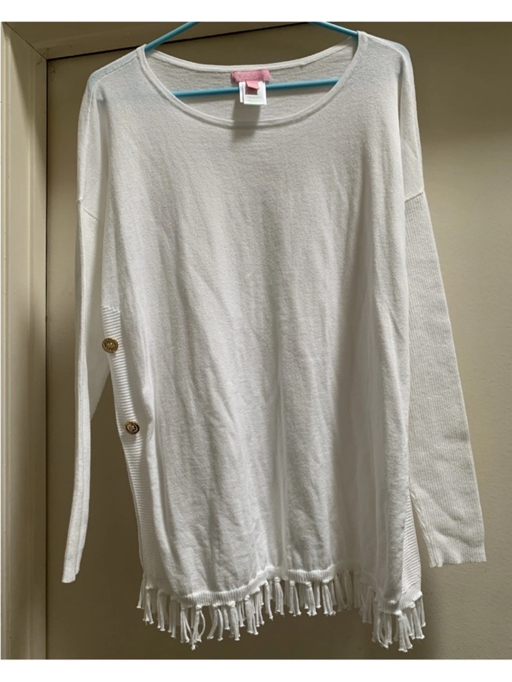 Lilly Pulitzer white pullover sweater small gold tone buttons fringe tassels HTF